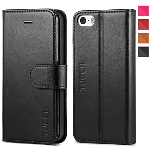 iPhone 5S Case, iPhone 5S Wallet Case, TUCCH [Lifetime Warranty] Magnetized Closure Card Slots Money Pouch, Retro Leather Wallet Case Purse Protective Cover Stand Feature Flip Book Case for iPhone 5s / 5 / SE - Black / Red