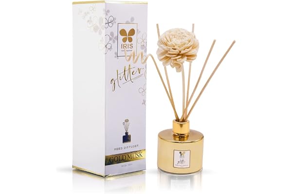IRIS Glass Glitter Reed Diffuser Set 100ml Gold Musk Fragrance Oil with 6 Reed Sticks Elegant Home Aroma Diffuser for Living Room, Bedroom & Gifting Sparkling Glass Design