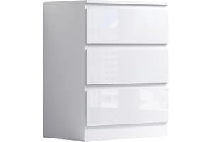 FWStyle Large 3 Drawer Chest Bedroom Furniture Deep Drawers in White Gloss (W60 x D40 x H77cm)