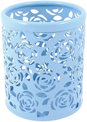 Light Blue Hollow Rose Flower Pattern Metal Pen Pencil Pot Holder Organizer