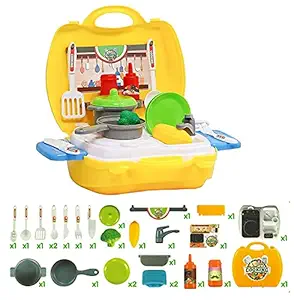 MANVI Kitchen Set for Kids, Kitchen Set with Suitcase for Girls, Kids Kitchen Set, Kitchen Play Set for Kids, Cooking Set for Kids, Portable Kitchen Set for Kids (Kitchen Suitcase Yellow)
