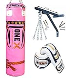 Women Punch Bag 4ft Heavy Filled Punching Set Pink Ladies Kick Boxing MMA Training Muay Thai 9PCS By Onex