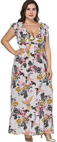 ONECHANCE Women Sleeveless Sexy V Neck High Waist Floral Maxi Long Dress Color White Size 6XL