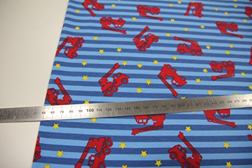 Stoff / 50cmx140cm / Kinder / beste Jersey-Qualität / Jersey PINIDI Feuerwehr rot auf Streifen hellblau-blau - 2