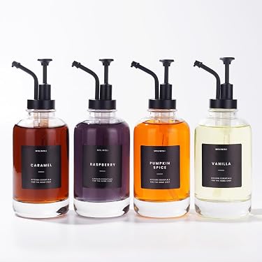 Set 4 Dispenser A Pompa Per Sciroppo - Per Bottiglie Da 500ml A 1L, Dosaggio 8ml, Con Tubi Lunghi, Materiale PP Alimentare, Nero