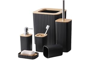 CRAYFOMO 6 Pieces Bamboo Bathroom Accessory Set, Black Bath Accessories Set, Toothbrush cup, Toothbrush Holder, Soap Dish,Soap Dispenser,Toilet Brush Set Bathroom Bin