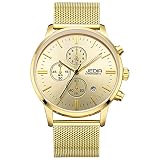 JEDIR Herren Uhren Chronograph Uhr Gold Analog Quarzuhr klassisches Einfaches Design mit Datum Anzeige und Milanese Mesh Band