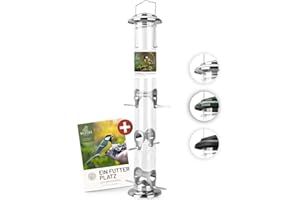 wildtier liebe Körner Futtersäule, Vogelfutterspender 52cm, Silber - aus rostfreiem Edelstahl I Vogel-Futterstation, Vogelfutter-Säule, Wildvögel Futtersilo I Ganzjährige Vogelfütterung