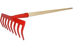 SHW-FIRE - Rastrello da giardino in acciaio speciale a 8 denti, sottile con manico in legno, 150 cm