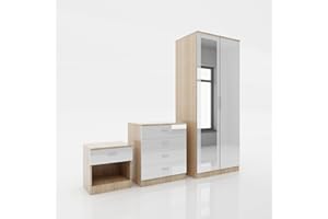 ELEGANT 3 Piece Bedroom Furniture Sets High Gloss Soft Close Wardrobe Mirrored + 4 Storage Drawer Chest of Drawers + Bedside Cabinet, White-Oak Wardrobe and Chest of Drawers Set