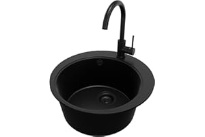 PRIMAGRAN Evier cuisine Granit Rond Tout Noir 50x50cm, Evier 1 bac + Kit de Vidage, Lavabo Cuisine al mueble 45cm - Pise S010
