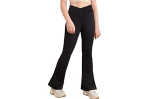 Glacspyg Dziewczęce legginsy z klapką, z dekoltem w kształcie litery V, rozkloszowane spodnie do jogi