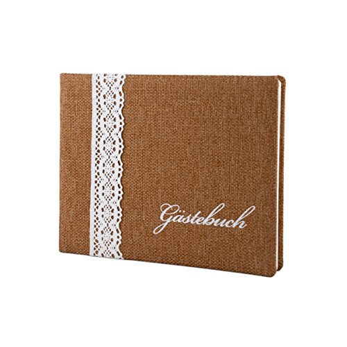 Gästebuch "Vintage Rustique" für die Hochzeit im Vintage-Stil mit Einband aus Leinen mit Spitze, deutsche Manufakturarbeit