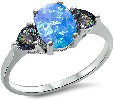 925 Sterling Silver Blue Opal & Rainbow Topaz Heart Ring (N 1/2)