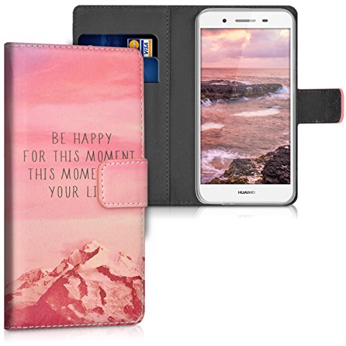 kwmobile Funda para Huawei GR3 P8 Lite Smart - Wallet Case Plegable de Cuero sint  tico - Cover con Tapa Tarjetero y Soporte Dise  o Be Happy en Rosa Claro Violeta Coral