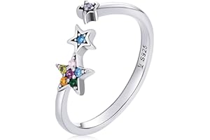 Qings Anillo Estrella Ajustable para Mujer Plata de Ley 925 Anillos Abierto con Vistoso Zirconia Cúbica Estrella de la Suerte Promiso Anillos Regalos de Cumpleaños para Niñas