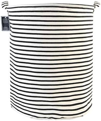 New Power Round Linen Laundry Baskets With Fabric Drawstring,Large Collapsible Clothes Storage Basket Waterproof Inner Ideal For Washroom,Bathroom,Restroom-(65 L)Black Narrow Stripe.