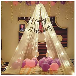 PROP BOX Tent Birthday Decoration Set Includes White Net for Cabana Theme Party with LED Lights, Happy Birthday Gold Cursive Banner & Pink Purple Metallic Balloons Romantic Dinner Decorations for Girls Backdrop (Size 6 mtr x 1mtr)