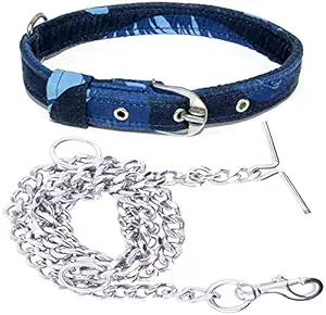 S.Blaze Dog Belt Combo of 3D Printed Blue Dog Collar with Dog Chain for All Breeds of Dog Collar Chain (Small)