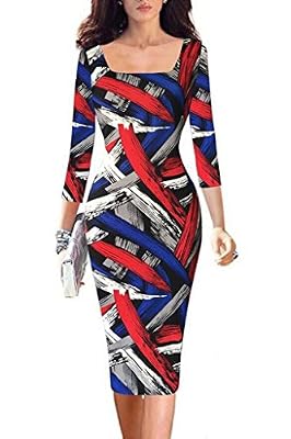 Minetom Femmes Automne Hiver Graffiti Impression Manches 3/4 Robes Bureau des Affaires Pencil Bodycon Party Cocktail Dress Graffiti FR 34