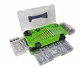 maletin tornillos 14 de brocas Hess titanio; 9 brocas para hormigón; 8 brocas para madera; 1 broca plana para madera 22 mm; 4 sierras a campana: 32 - 38 - 44 - 54 mm; 1 porta puntas magnético; 39 puntas de atornillar de 25 mm; 8 puntas de atornillar 50 mm; 1 fresa; 1 surtido de 180 tacos y tornillos....; en caja de