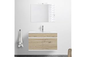 INBAGNO Mobile Bagno sospeso con lavabo in Ceramica e Specchio, cassetti e Ante a Chiusura rallentata, 3 colorazioni Disponibili (90 cm 2 Ante, Rovere Africa)