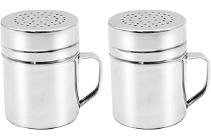 Hoypeyfiy 2Pcs Flour Sugar Salt Shaker, Stainless Steel Chocolate Dredges Metal Shaker with Handle Icing Sugar Salt Cocoa Flour Coffee Shaker Sifter Spice Dispenser Condiment Jar for Kitchen