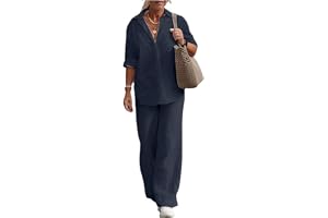 Kvinnors Avslappnade Kostym Set 2 -bit V Neck Summer Outfits Set 3/4 Sleeve Solid Color Shirt Wide