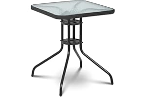 Uniprodo Glass Patio Table Glass Top Outdoor Table Balcony Garden Square Black 60x60cm UNI_TABLE_02 (Tempered Glass, Powder-Coated Steel Tube Frame, Height 70cm)