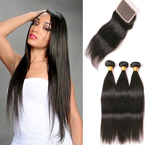 Silkylong Lace Closure With Peruvian Hair Straight Weave Peruvian Hair 3 Bundle And Lace Frontal Closure 4×4 Free Part Human Hair Extension Silk Lace Closure 18 20 22 +16 For Black Women