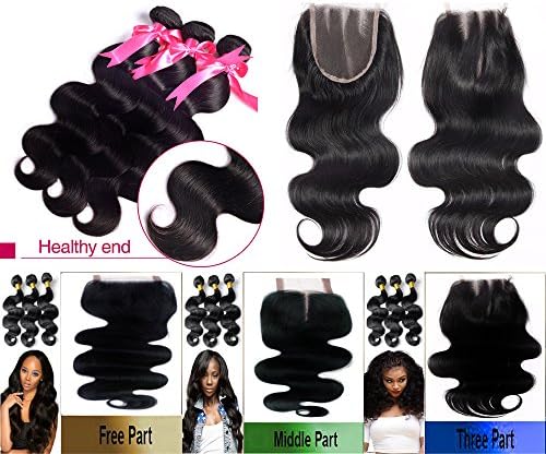 eCowboy 3 Bundle Pack Virgin Remy Body Wave Lace Closure Complete Set Weave Extensions 10"12"12"+Closure10" Free Part
