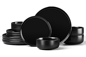 HaWare Dinner Set, 12 Piece Stoneware Dinnerware Service for 4, Elegant Matte Glaze Dining Ware Include Plates and Bowls, Chip and Scratch Resistant, Microwave & Dishwasher Safe, Matte Black