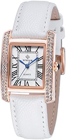 WWOOR Women's Quartz Watch with Genuine Leather Strap Luxury Ladies Rhinestone Watches Waterproof Wristwatch +Watch Box