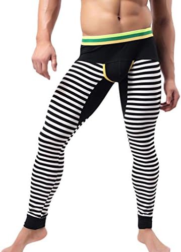 Yannerr Mens Trousers, Striped Breathe Patchwork Low Rise Leggings Cotton Long Johns Thermal Pant (Black, S)