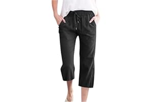 RLEHJN Pantalon de Sport Femme Pantalon Léger Taille Haute Capri Pantalon Elastique Eté Randonnée 3/4 Pants Pantalon Été Coton en Lin Harem Pantalon de Randonnée Décontracté avec Poches Pas Cher