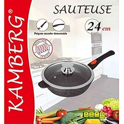 Kamberg - 0008026 - Sauteuse 24 cm - Manche Amovible - Fonte d'Aluminium - Revêtement type pierre - Couvercle en verre - Tous feux dont induction - Sans PFOA