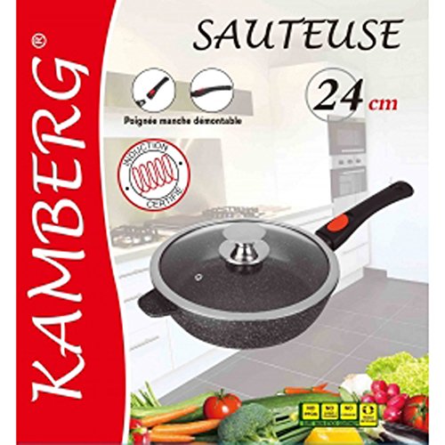 Kamberg - 0008026 - Sauteuse 24 cm - Manche Amovible - Fonte d'Aluminium - Revêtement type pierre - Couvercle en verre - Tous feux dont induction - Sans PFOA