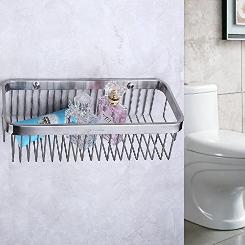 HOMEIDEA Extrem Fest & rostfrei rechteckig Badewanne und Dusche Regal Korb, Wand montiert Badezimmer Bad Caddy/Aufbewahrung mit 5 Handtuchhalter Haken Kleiderbügel, gebürstet, SUS304 Edelstahl, Edelstahl, Silber, A-Rectangular - 8