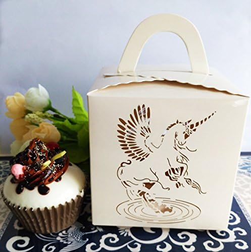 KAZIPA 12PCS Single Cupcake Boxes with Cupcake Inserts, 10cmx10cmx10cm Laser Cut Unicorn Gift Box for Regular Cupcake LED Candles Apple(Ivory)