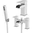Architeckt® Dakota Bathroom Waterfall Bath Shower Mixer Tap and Basin Tap Set Deck Mounted Square Twin Lever Handle Modern, Chrome
