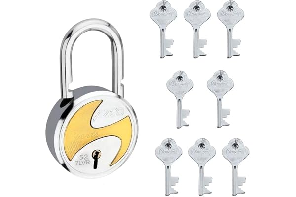 Azco Round Locks Small Size 50mm 8 Keys Padlock 7 Levers Double Locking Strong Hardened Shackle Lock and Key for Home Door Shutter Shop Office Main Gate Pack of 1