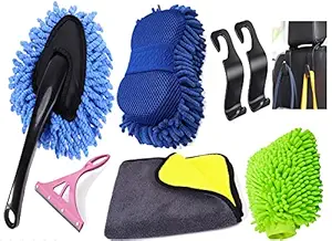 Car Accessories, Car Duster for Cleaning, Microfiber Sponge, Car Cleaning Cloth, Microfiber Glove, Car Headrest Hanging Hook, Glass Cleaner Wiper, Car Washing/Cleaning kit (Combo of Seven)