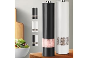 VIRKLYEE Molinillo Eléctrico para Sal Y 2PCS Pepper Grinder Tosquedad Ajustable Juego de molinillo de sal y Molinillos de pimienta Con luz LED Molinillos de Sal y Pimienta Operación con una mano (Blanco&Negro)