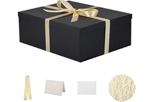 KdmNzoo Gift Box with Lid 42 x 32 x 15.5 cm XXL, Gift Box with Bows, Greeting Cards, Raffia Hamper Shreds for Black