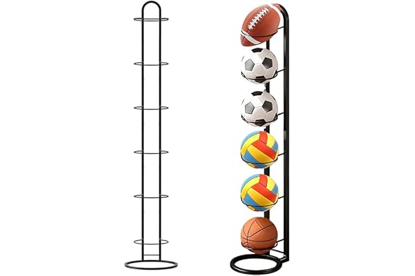 XPJBKC 6-stegs bollstativ, bollhållare i metall, vertikal bollstånd, stående bollaufbewahrungsregal, fotbollsstånd, bollaufbewahrungsregal för basketboll, sportutrustningsarrangör