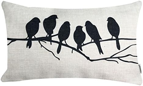 LAZAMYASA Fresh Animal Style Beautiful Rustic Birds Cotton Linen Blend Printed Cushion Cover Cotton Couch Throw Pillow Case Sham Pillowcase 12x20in (12*20inch, Black)