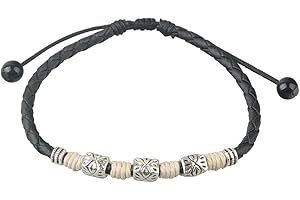 Ancient Tribe Tobillera Boho de Cuero Trenzado con Cuentas Plateadas Grabadas y Envolturas Claras – Ajustable 23 cm