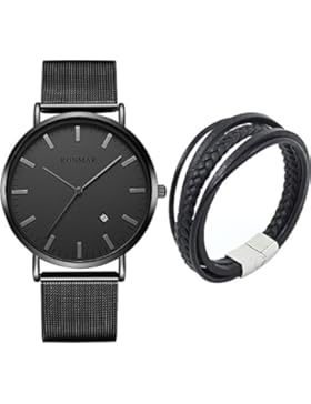 XLORDX Herren Armbanduhr elegant Quarzuhr Uhr Datum modisch Zeitloses Design klassisch Leder Schwarz Mit Geflochten...