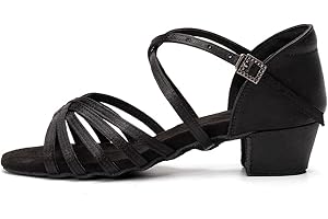 JUODVMP Little Girls Latin Dance Shoes Youth Satin Salsa Ballroom Practice Performance Dance Shoes 3cm Low Heel, Model 202PD,