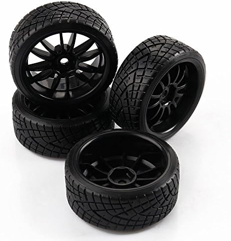 Yiguo 4pcs Plastic12 Spokes Wheel Rims and Fish Pattern Tyre Tires for RC 1:10 Scale Drift Car Black
